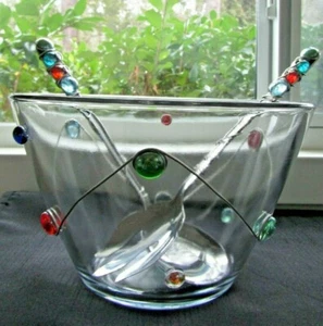 Wire Wrapped Beaded Glass Salad Bowl and Matching Serving Fork & Spoon - Picture 1 of 12