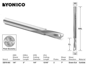 Diapositiva de 1/4". Broca de enrutador CNC en espiral de corte bajo hélice - vástago de 1/4" - Yonico 32010-SC - Imagen 1 de 1