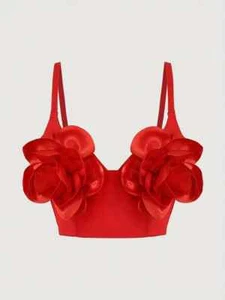 3D Floral Decor Solid Cami Top, Sexy Low Cut Backless Spaghetti Strap Crop Top F - Picture 1 of 6