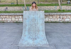 Eisblau Vintage Teppich übergefärbt türkischer Teppich blau orientalischer Teppich - Bild 1 von 13
