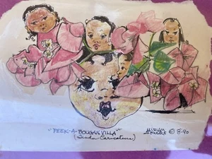 Vintage Miriam Sowers Original Gemälde Skizze Peek A Bougan Villa Bougainvillea - Bild 1 von 11