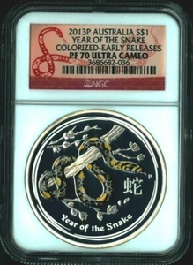 2013 P Australia Silver Lunar year SNAKE COLORIZED YELLOW NGC PF 70 ER 1 oz Coin - Picture 1 of 2