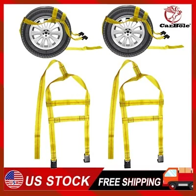 Set of 2 Car Tire Tow Dolly Straps Basket Strap w/ Flat Hook Heavy Duty Yellow - Image 1 of 4