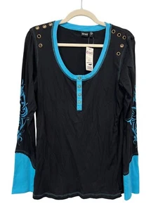 Cruel Embellished Eyelet Long Sleeve Top Womens XL Colorblock Black Western NEW - Picture 1 of 7