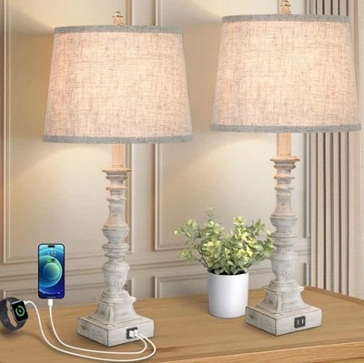 Set of 2 Farmhouse Table Lamps, 27.5'' Tall Rustic Bedside Lamps with 2 USB P... - Image 1 of 4
