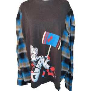 Reworked Upcycled Harley Quinn T-shirt &Flannel Comic-con Medium READ DESCRIP - Picture 1 of 6