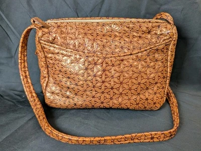 Women's Vintage 70s Faux Leather Metallic Two Tone Brown Floral Crossbody Purse - Image 1 of 4