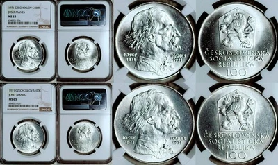 NGC MS-63 LOT OF 2 CZECHOSLOVAKIA SILVER 100 KORUN 1971 (JOSEF MANES) POP: 2/2 - Image 1 of 2