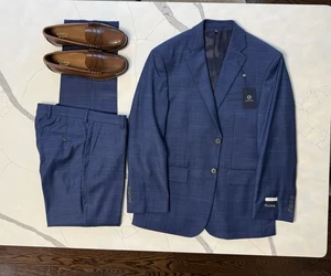 Jos. A. Bank 38S (32 W) Wool Blend Suit Pants + Jacket, Blue Plaids - Picture 1 of 9