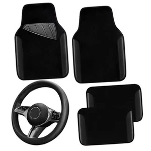 Microfiber Leather Steering Wheel Cover and Waterproof Car Floor All Black - Picture 1 of 7