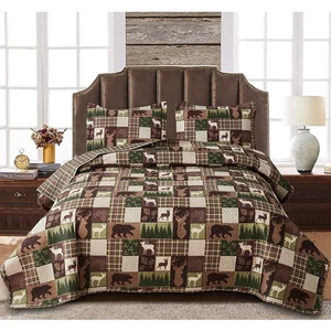 Oliven Reversible Lodge Plaid Bedding Moose Bear Quilt Full/Queen Size Rustic... - Picture 1 of 7