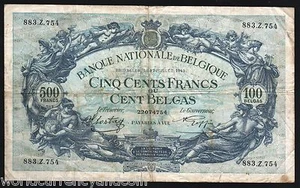 BELGIUM 500 FRANCS 100 CB P109 1941 EURO BOAT RARE DATE EXTRA LAGRE MONEY NOTE - Picture 1 of 1