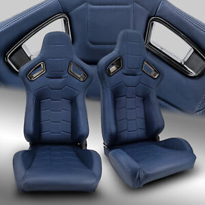 2 x Reclinable Blue PVC Main Leather Left/Right Racing Bucket Seats Slider