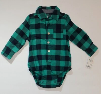 OshKosh B'gosh Black Green Plaid Collared One Piece Bodysuit Size 12M NWT - Image 1 of 4