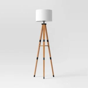 Threshold Tripod Floor Lamp with Shelf Modern Brown Wood Drum Shade 60"x19" - Picture 1 of 3