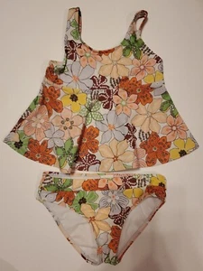Swimsuit Tankini Bikini Girls Size 8 Green Orange Flowers Copper Key - Picture 1 of 3