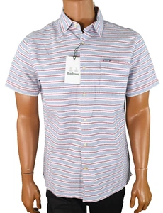Barbour Mens Shirt S New Blue Red Stripe Button Up Short Sleeve Crinkled - Picture 1 of 5