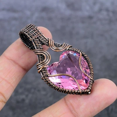 Colgante de joyería envolvente de alambre de cobre con piedras preciosas de kuncita rosa natural 2,21" regalo G636 Foto 1 de 4