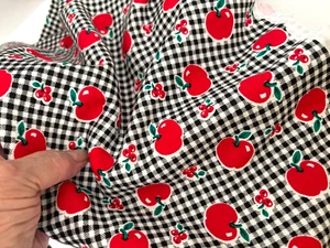 Vtg Scant 1 Yd 64WX30L Red APPLE CHERRY White Black Gingham STRETCH Plaid FABRIC - Picture 1 of 8