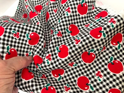 Vtg Scant 1 Yd 64WX30L Red APPLE CHERRY White Black Gingham STRETCH Plaid FABRIC - Image 1 of 4