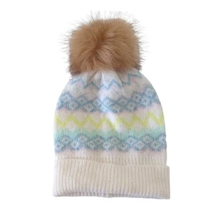 NWT Ann Taylor Womens Beanie Pom Pom Fair Isle Winter Apres Ski Hat Snow Cap OS - Picture 1 of 5