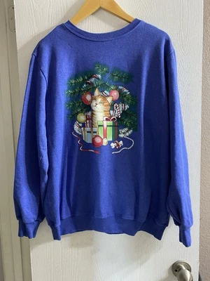 Blair Christmas Tree Cat Sweatshirt Crewneck  Blue Holiday  Vintage Women Sz L - Image 1 of 4
