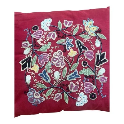 Pottery Barn Embroidered Crewel Floral Throw Pillows For Queen Set Rare Red Used - Image 1 of 4