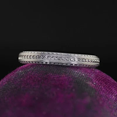 Vintage Art Deco Woods Sons 18K White Gold Engraved Wheat Pattern Wedding Band - Image 1 of 4