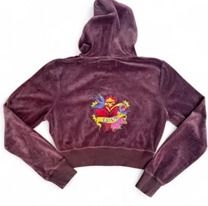 Vintage 90’s Celebrity Pink Crop Floral Embroidered Brown Velour Zippered Hoodie L - Bild 1 von 6