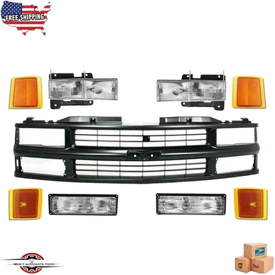 Fits 1994-2000 Chevrolet C/K-Series Front Black Grille And Headlights Kits 9PC - Image 1 of 4
