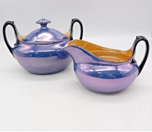 Vintage Phoenix China Creamer and Sugar Dish with Lid Set Blue Orange Lusterware - Picture 1 of 11