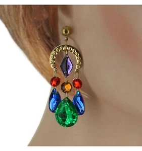 Multicolor Crystal Jewel Arch Chandelier Pierced Earrings Mardi Gras 3" - Picture 1 of 2