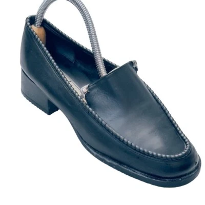 BRIGHTON Women's Shoes Heel Loafers Black Leather Vamp With Metal Tabs Size 8.5M - Image 1 of 4