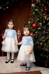 Handmade New Year Dress "Snowflake" for Girls with Embroidery in Blue and White - Picture 1 of 7