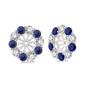 Blue Round Sapphire & Diamond 14K White Gold Over Halo Earring Jacket Enhancers - Picture 1 of 6