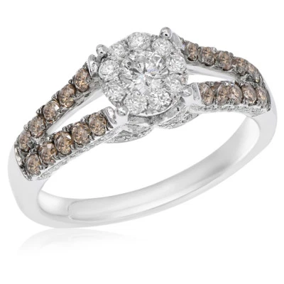 18K WHITE GOLD PAVE BROWN CHAMPAGNE COGNAC DIAMOND CLUSTER ENGAGEMENT HALO  RING - Image 1 of 2