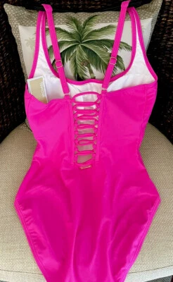 Roupa de banho Michael Kors com cadarço nas costas peça única, begônia rosa, tamanho 12 nova com etiquetas - Imagem 1 de 4