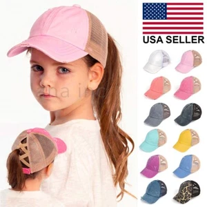 C.C Kids Children Girl Washed Denim Ponytail Messy Bun Tucker Baseball Cap Hat - Picture 1 of 35