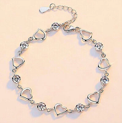 Crystal Heart Linked Charm Bracelet 925 Sterling Silver Womens Jewellery Gift UK - Image 1 of 3