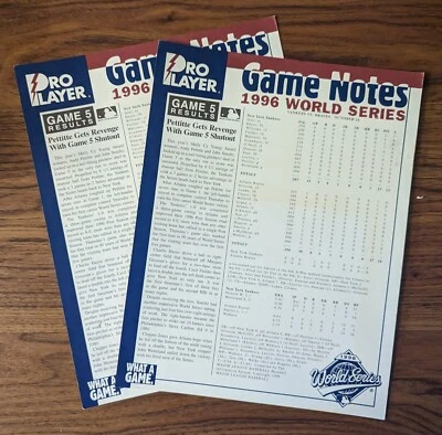 2 Pro Player 1996 World Series Game 5 Notes Yankees V. Braves Pettitte SO  - Image 1 of 4