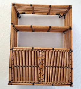 Vtg Island Style 3 Tier Shelf with Doors Bamboo Wicker Tea Bathroom Cabinet 18" - Picture 1 of 24