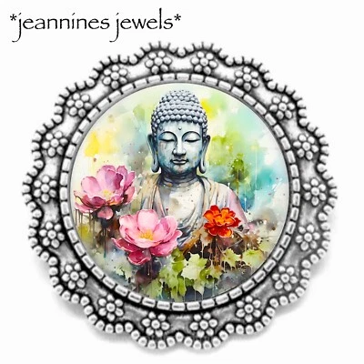 Broche estatua de Buda flor jardín acuarela arte impresión prendedor solapa plata Foto 1 de 4