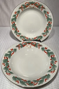 Set 2 ~ Sango Noel 8401 Christmas Holiday Holly Red Ribbon Soup Bowl Retired - Picture 1 of 4