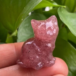 TOP 1.1" Natural strawberry Quartz cat hand carved crystal reiki healing 1PC - Picture 1 of 12