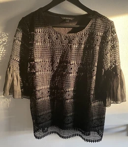 Banana Republic Blouse All Over Lace Sheer Short Sleeves Size Medium Lined Black - Picture 1 of 8