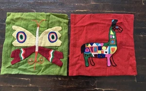 Vintage Embroidered Burlap Tribal Throw Pillow Covers 15"x 16" Set Of 2 - Picture 1 of 10