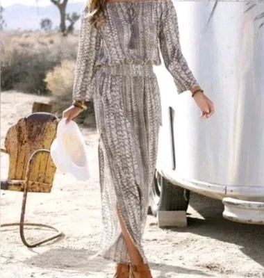 Peasant Boho Maxi Dress Sz L Carmen Off Shoulder Modal Festival Sexy Cottagecore - Image 1 of 4