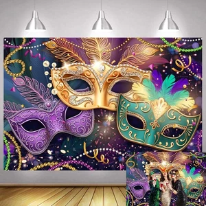 Colorful Mardi Gras Backdrop Party Mask Masquerade Banner Photo Background - Picture 1 of 6