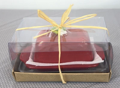 Ceramic Red Mini Covered Butter Dish “You Butter Be Good” with Green Leaf 5” - Image 1 of 4