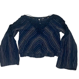 Free People Women's Navy Striped Blouse V-Neck Balloon Sleeve S - Picture 1 of 10